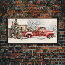 Cargar imagen en el visor de la galería, Christmas Tree Delivery - Retro Farmhouse Christmas Decor - Old Red Truck Delivering Christmas Trees - Framed Canvas Print - Holiday Decor