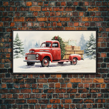 Cargar imagen en el visor de la galería, Christmas Tree Delivery - Retro Farmhouse Christmas Decor - Old Red Truck Delivering Christmas Trees - Framed Canvas Print - Holiday Decor
