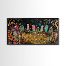 Load image into Gallery viewer, Colorful Haunted Grave Yard In The Spring Time, Framed Canvas Print, Spooky Wall Art, Halloween Spooky Season Decor