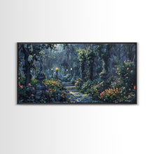 Load image into Gallery viewer, Creepy Victorian Hedge Maze, Haunted Cemetary Framed Canvas Print, Spooky Season Wall Art
