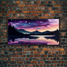 Load image into Gallery viewer, Beautiful lake at night canvas print, purple and pink sunset night sky, wall art canvas, lake front view, guest room wall art