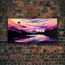 Load image into Gallery viewer, Beautiful lake at night canvas print, purple and pink sunset night sky, wall art canvas, lake front view, guest room, surreal Lakehouse Art