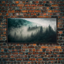 Carregar imagem no visualizador da galeria, Foggy Forest wall art, relaxing art, zen art, framed canvas print, foggy landscape, trendy decor
