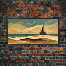 Load image into Gallery viewer, Art deco canvas print, pirate ship at sea beyond the sand dunes, living room wall art