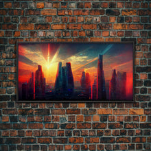 Load image into Gallery viewer, Cyberpunk canvas print, cyber punk city at sunset, Bladerunner vibes art, synthwave style art, cool wall art, night city