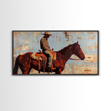 Load image into Gallery viewer, Cowboy on Horse with Rustic Background, Stunning Wall Art, Framed Canvas Print, Boho Bedroom Decor, Western Home Decoration