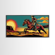 Load image into Gallery viewer, Cowboy Riding Through Desert, Southwestern Landscape Art, Framed Canvas Print, Boho Decor, Desert Art, Rustic Wall Art