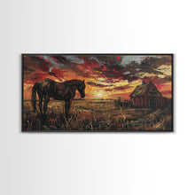 Load image into Gallery viewer, Dark Horse at Sunset with Barn, Stunning Abstract Art, Framed Canvas Print, Boho Wall Art, Bedroom Decor, Unique Home Decoration