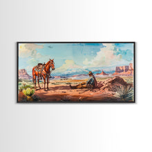 Load image into Gallery viewer, Cowboy Resting with Horse in Desert Landscape, Classic Western Art, Framed Canvas Print, Rustic Wall Decor, Living Room Decoration