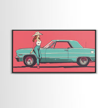 Load image into Gallery viewer, Cowgirl Leaning Against Classic Car in Pop Art Style, Vibrant Framed Canvas Print for Bedroom, Perfect Living Room Wall Art