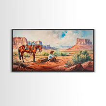Load image into Gallery viewer, Cowboy Resting by Horse in Desert Scene, Rustic Farmhouse Art, Framed Canvas Print, Western Decor, Living Room Wall Art, Country Style