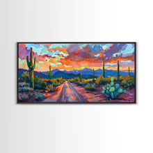 Carregar imagem no visualizador da galeria, Cacti and Mountains Under Sunset Sky, Vibrant Southwestern Landscape Art, Framed Canvas Print, Boho Living Room Decor, Desert Scene