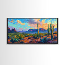 Load image into Gallery viewer, Desert Sunset with Cacti and Mountains, Abstract Southwestern Art, Framed Canvas Print, Rustic Boho Wall Decor, Living Room Art