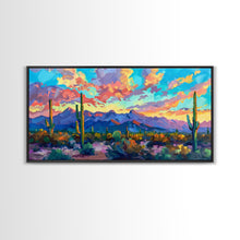 Load image into Gallery viewer, Expansive Desert Landscape at Sunset, Colorful Southwestern Art, Framed Canvas Print, Boho Living Room Wall Decor, Desert Scene