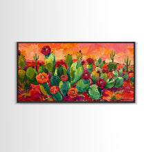 Load image into Gallery viewer, Bright Desert Flowers and Cacti with Mountains, Vibrant Framed Canvas Print for Home, Boho Wall Art, Nature Lover's Decor