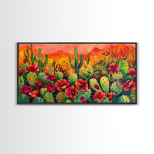 Cargar imagen en el visor de la galería, Colorful cactus garden in desert sunset, Framed Canvas Print, perfect for farmhouse living room, bohemian wall art