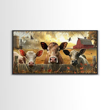 Carregar imagem no visualizador da galeria, Cute cows peeking through barn fence, Framed Canvas Print, ideal for farmhouse living room, country style wall art decor