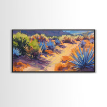 Load image into Gallery viewer, Desert Pathway with Vibrant Foliage, Perfect for Living Room Art, Framed Canvas Print, Bohemian Decor, Nature Inspired Wall Art