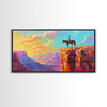 Load image into Gallery viewer, Cowboy on Horse Overlooking Canyon Sunset, Farmhouse Style Framed Canvas Print for Living Room Wall Art, Vibrant Home Decor, Western Scene
