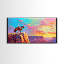 Load image into Gallery viewer, Cowboy Watching Sunset Over Canyon, Farmhouse Style Framed Canvas Print for Living Room Wall Art, Vibrant Home Decor, Western Landscape