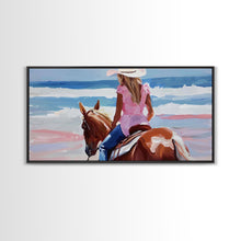 Load image into Gallery viewer, Cowgirl Riding Horse by the Ocean, Tranquil Framed Canvas Print, Perfect for Coastal Living Room Art, Beach Bedroom Decor, Horse Wall Art