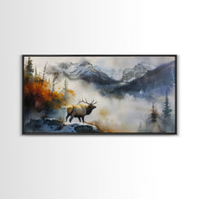 Load image into Gallery viewer, Majestic Elk in Misty Mountains, Framed Canvas Print, Perfect for Living Room Art, Rustic Bedroom Decor, Nature Wall Art, Wildlife Scene