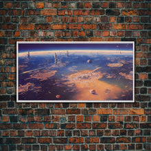 Load image into Gallery viewer, Bird's eye view of a futuristic city-planet, cool scifi art, framed canvas print, ready to hang framed wall art