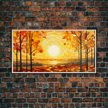 Load image into Gallery viewer, Beautiful Fall Decor Centerpiece Framed Canvas Print, Autumn Decor, Fall Wall Art, Above Mantle Wall Art, Stained Glass Style