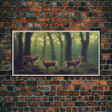 Load image into Gallery viewer, Does in a majestic forest, whitetail deer art, framed canvas print, ready to hang framed wall art