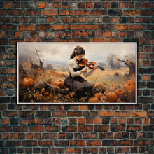 Carregar imagem no visualizador da galeria, Girl Violinist, Fall Wall Decor, Pumpkin Decor, Canvas Print, Wall Hanging, Panoramic Art, Country Home Decor, Violin Wall Art, Gift For Her
