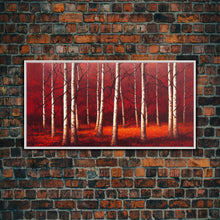 Load image into Gallery viewer, Birch Trees, Haunted birch forest, blood red forest, framed canvas print, ready to hang framed wall art