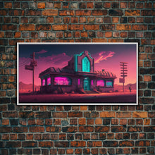 Load image into Gallery viewer, Art Deco Cyberpunk Diner, Wild West Mashup Art, Framed Canvas Print, Neon Art, Wild West Concept Art