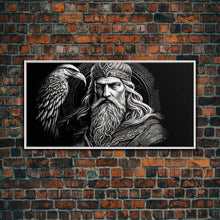 Load image into Gallery viewer, Black and White Portrait of Odin and Muninn, King of The Gods, Framed Canvas Print, Odin's Ravens, Norse Mythology Art