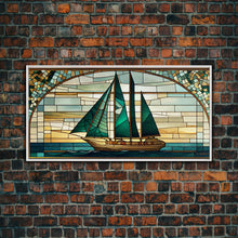 Load image into Gallery viewer, Emerald Green and Gold Art Deco Sail Boat, Framed Canvas Print, Retro MCM Style Wall Art, Midcentury Modern, Stained Glass, Huge Art