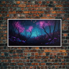 Load image into Gallery viewer, Beautiful forest canvas print Fantasy forest wall art Forest Painting, Framed Art, Glowing Butterflies