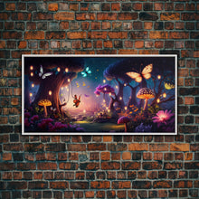 Load image into Gallery viewer, Vibrant Fantasy Forest Wall Art, The Forest Floor, Bioluminescent Glowing Butterflies, Gift, Framed Canvas Print
