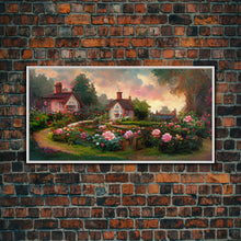 Load image into Gallery viewer, English cottage with rose garden, canvas print, cute English countryside wall art