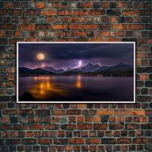 Carregar imagem no visualizador da galeria, Full moon canvas print, Lightning storm over a mountain lake at night, cool wall art, awesome wall art