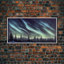 Load image into Gallery viewer, Aurora borealis over a snowy northern forest, canvas print, scenic winter landscape art, northern lights