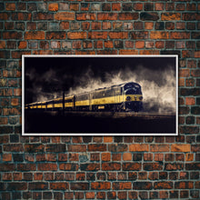 Load image into Gallery viewer, Black Yellow Locomotive Wall Decor, Railroad Wall Decor, Railway Wall Art, Panoramic Wall Decor, Canvas Print, Wall Art, Framed Canvas Art