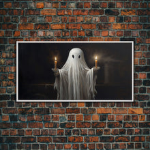 Cargar imagen en el visor de la galería, Cute Ghost Holding Candles, Framed Canvas Print, Dark Academia Wall Art, Victorian Oil Painting Style Halloween Wall Art, Ghost Print
