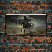Load image into Gallery viewer, Ghost Cowboy Art, Framed Canvas Print, Halloween art, spooky decor, cowboy art, western decor, grim reaper on a horse in the desert