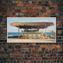 Load image into Gallery viewer, Beachside Tiki Hut Bar and Grill, Framed Canvas Print, Liminal Art, Framed Wall Decor Beach Photography, Surf Art, Surf Print Nautical Decor