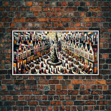 Carregar imagem no visualizador da galeria, Art Deco Stained Glass Style Christmas Village - Framed Canvas Print - Retro Xmas Art - Christmas Decor - Christmas Wall Art - Christmas Art