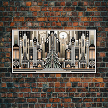 Load image into Gallery viewer, Art Deco Pattern Christmas Village - Framed Canvas Print - Retro Xmas Art - Christmas Decor - Christmas Wall Art - Christmas Art