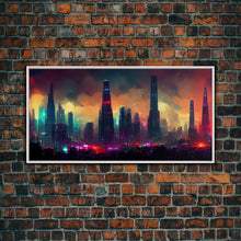Load image into Gallery viewer, Dystopian Cyberpunk City, ready to hang canvas print wall art, framed canvas wall art, mancave wall art, Cyberpunk Art