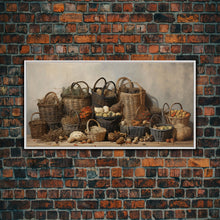 Load image into Gallery viewer, Cornucopia Wall Art, Basket Wall Decor Framed Canvas Print, Boho Wall Art, Wicker Round Bowl Art, Wicker Wall Art Print, Fall Decor