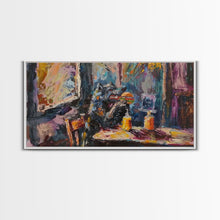 Load image into Gallery viewer, Funny Werewolf Having a Cheeseburger in a diner, framed canvas print, halloween decor