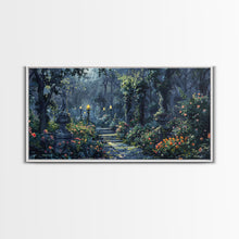 Load image into Gallery viewer, Creepy Victorian Hedge Maze, Haunted Cemetary Framed Canvas Print, Spooky Season Wall Art