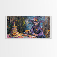 Load image into Gallery viewer, Birthday Party for One, Springtime Witch and A Birthday Cake, Framed Canvas Print, Funny Halloween Art